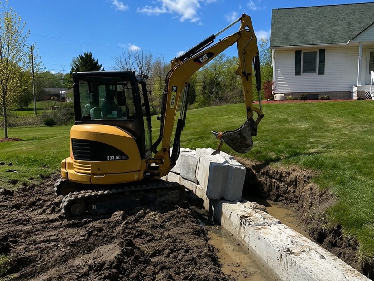 French drain channel lined with concrete blocks carrying water away from a Pittsburgh house